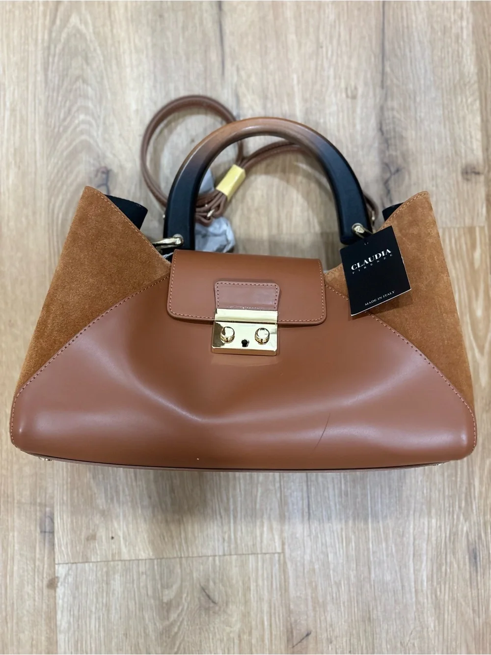 Claudia Firenze Tan Leather & Suede Top-Handle/crossbody quiet luxury classic